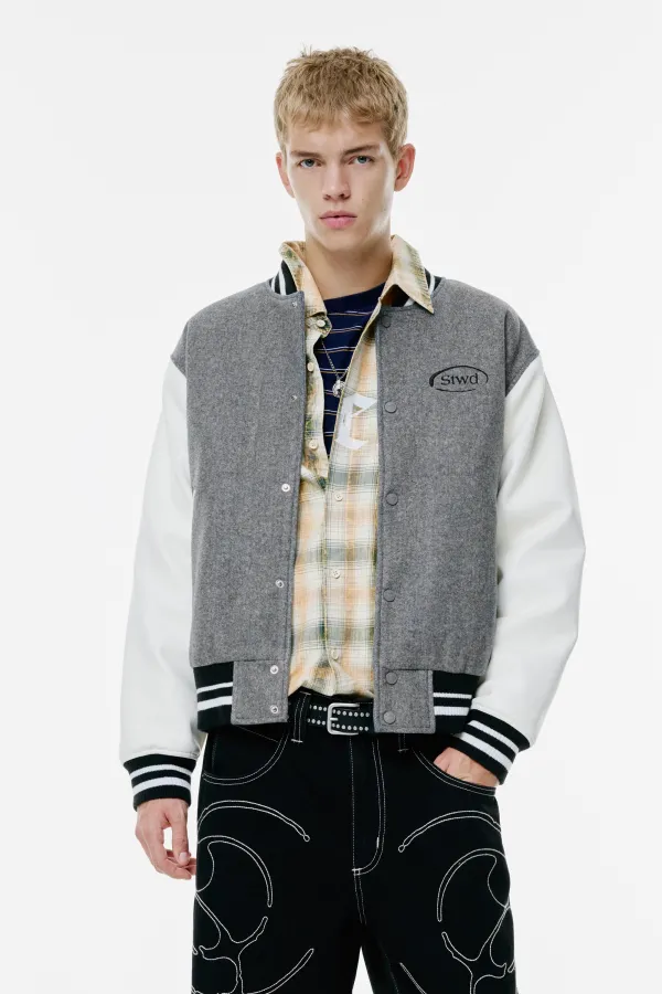 Embroidered Varsity Jacket - Grey