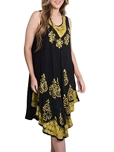 Embroidery & Tie Die Print Umbrella Cut Dress for Women UK Lightweight Summer Sleeveless Round Ne