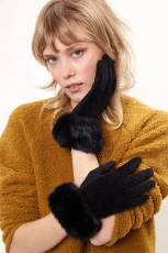 Emer Faux Suede And Fur Cuffed Touch Screen Gloves - Black