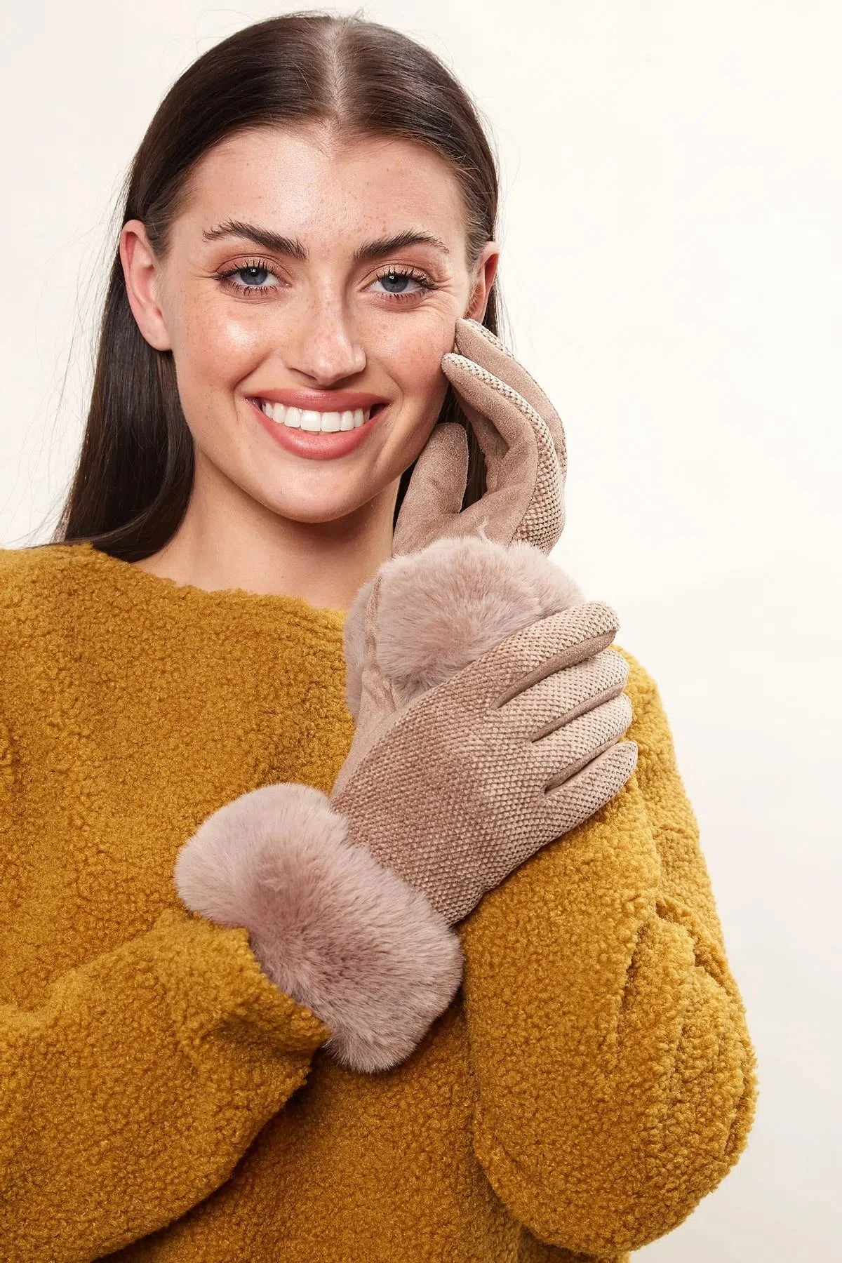Emer Faux Suede And Fur Cuffed Touch Screen Gloves tone