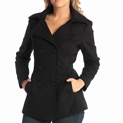 Emma Womens Peacoat Double Breasted Overcoat 3/4 Length Wool Blazer Black Large