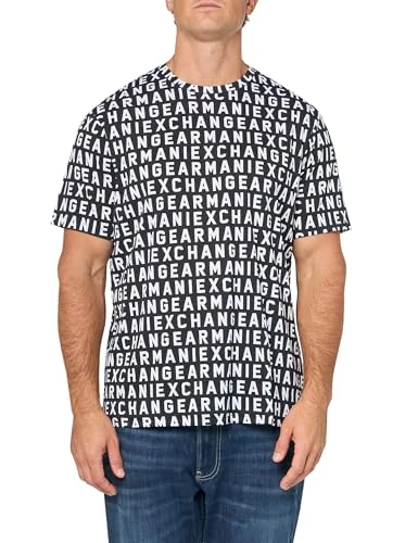 Emporio Armani Men's Regular Fit Cotton Jersey Printed All Over Logo Tee T-Shirt, Black Ext.Logo, XL