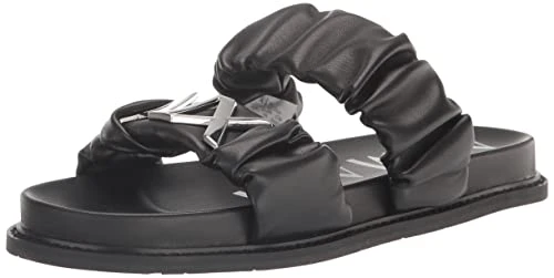 Emporio Armani Women's Aretha Ruched Logo Flat Sandals, Black + Silver, 5