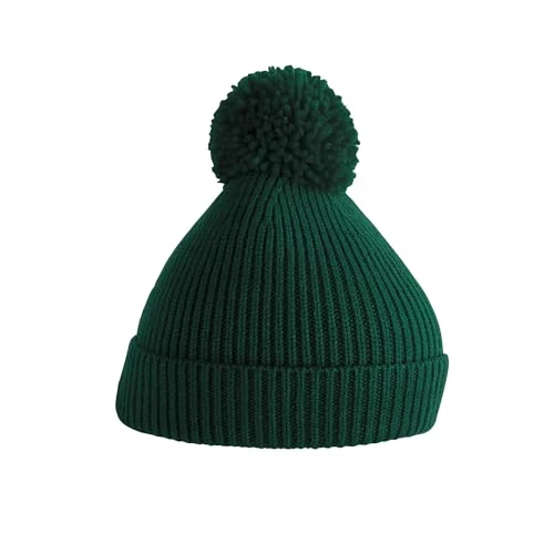 Engineered Knit Ribbed Pom Pom Beanie - Bottle Green