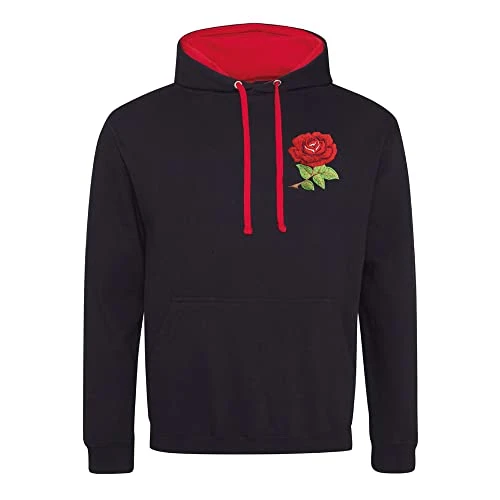 England Rugby Retro Style Embroidered Two Tone Hooded Sweatshirt Hoodie Best Gift for Unisex Adults (XL, Black/Red)