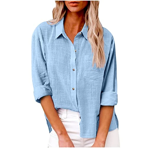 Essential 2024 Womens Tops Dressy UK Casual Summer Button Down Cotton Linen Shirts Work Office Women