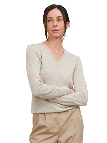 Essential V-Neck Sweater 100% Pure Cashmere Long Sleeve Pullover for Women (Undyed Natural, Medium)