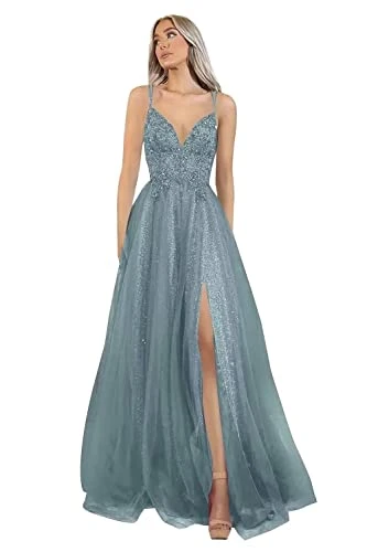 Evening Dresses Spaghetti Strap Lace Applique V-Neck Beaded Prom Gowns Sparkly Tulle A-Line Train Fo