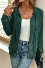 Evergreen Ribbed Zip Up Front Drawstring Hoodie - EVERGREEN / / 85%POLYESTER+%VISCOSE+%ELASTANE