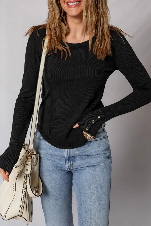 Exposed Seam Ribbed Long Sleeve Top - Black /