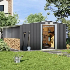 Extra Large Black Garden Galvanised Storage Shed with Extra Log Store
