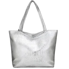 Extra Large Womens Girls Metallic Silver Shoulder Work Shopping Bag Faux Leather (2015)
