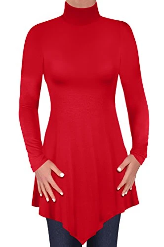 EyeCatch - Gisele Ladies Polo Neck Long Sleeve Hanky Hem Womens Tunic T Shirts Tops Blouse Red Size 