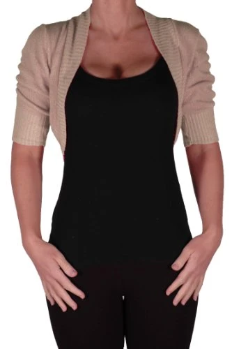 EyeCatch - Kara Short Sleeve Knitted Bolero Shrug One Size Beige