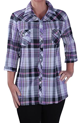 EyeCatch Plus - Womens Casual Checkered Blouse Ladies Check Shirt Top Purple