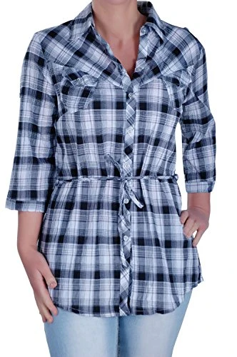 EyeCatch - Smart Ladies Check Casual Ladies Plus Size Checkered Tie Blouse Shirt Black Uk14/16 EU42/