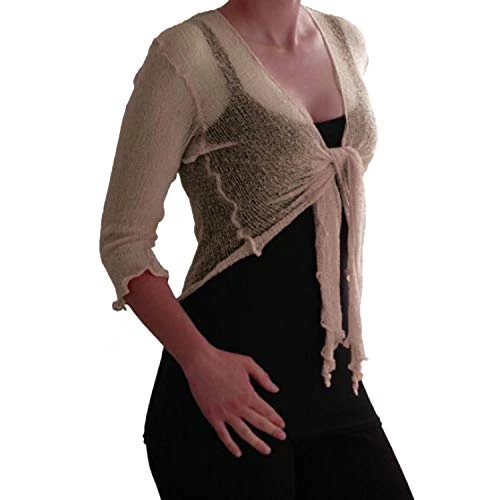 EyeCatch TM - Foxy Womens Designer Mesh Knit Bolero Tie Front Stretchy Shrug One Size Stone