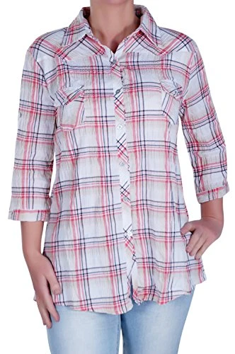 EyeCatch - Womens Casual Checkered Blouse Ladies Plus Size Check Shirt Top BeigeOrange Uk10/12 EU38/