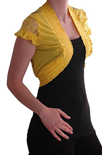 EyeCatch Womens Stretch Lace Jersey Short Sleeve Open Front Ladies Bolero Shrug One Size Yellow