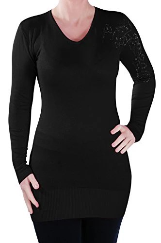 EyeCatch Womens V Neck Knitted Pullover Ladies Diamante Long Sleeve Studded Jumper One Size Black