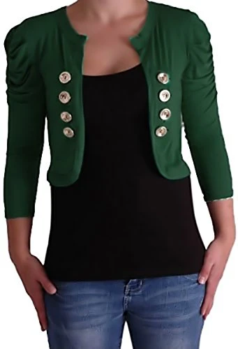 EyeCatchClothing - Celeste Military Style Open Front Cardi Bolero Bottle Green M/L