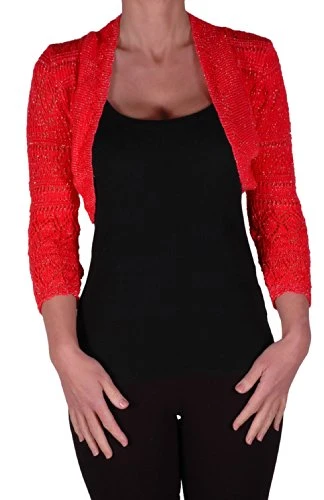 EyeCatchClothing - Lurex Lilly Glitz Ladies Crochet Knit Shrug One Size Red