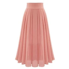 F-371 Pink Ladies Loose Fit Skirt Chiffon Skirt for Women Maxi Long Casual Pleated High Waisted Plai