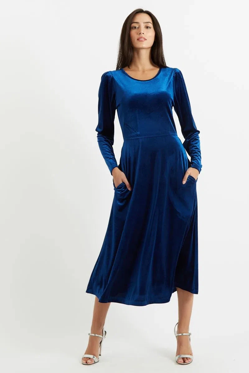 Fabrice Velvet Deep Back Long Sleeve Midi Dress - Blue