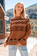 Fair Isle Round Neck Long Sleeve Jumper - Brown