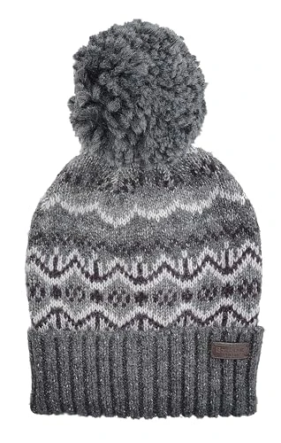 Fairisle Women's Knitted Beanie Hat Bobble Grey, gray, One Size