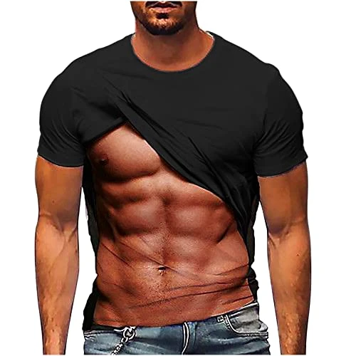 Fake Muscle 3D Printed T-Shirt Men Short Sleeve Crew Neck Tee Top Funny Graphic Under Clothes Hipster Workout Shirt Chest Six Pack Abs T Shirts UK Size S-4XL Black