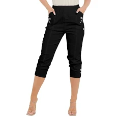 Farah Collection® Women's Cherry Berry Capri Trouser, Ladies Plain Stretch Fit Elasticated Waist Summer Crop Pants (Black, 16)
