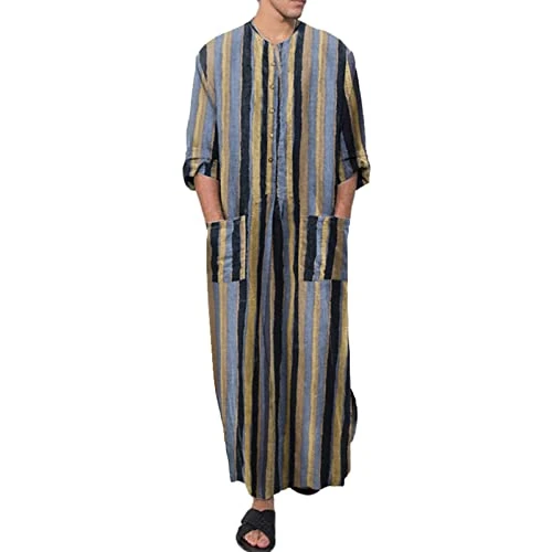 Fashion Style Robes Long-Sleeved Ethnic Striped Top Muslim Men's Men's Blouse No Iron Button Down Shirts Men's Robes Blue