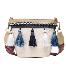 Fashion Tassel Women'S Bag Shoulder Diagonal Broadband Bucket Women'S Bag (Beige)