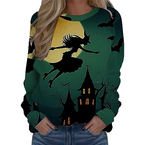 Fashion Women Halloween Print Sweatshirt O-Neck Crew Neck Matching Pullover Tops Casual Long Sleeve Training Shirts Loose Unisex Vintage Letter Print Hoodie, Green, XXL