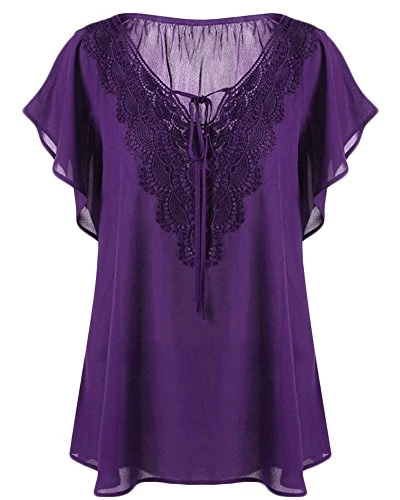 Fashion Women's V-Neck Large Size Comfortable Lace Stitching Speaker Short-Sleeved T-Shirt Purple XXXL