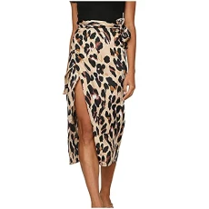 Fashionable Slim Fit Slit Skirt Sexy Stretch Skirts For Women Long Leopard Print Wrap Skirt Beach Elastic Waist Women's Skirt Midi Long Comfortable Lightweight High Waist Long Casual Skirt, brown, XL
