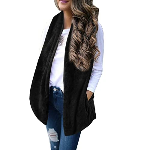 Faux Fur Gilet Women UK Bodywarmer Vest Lightweight Vest Coats with Pocket Gilet V Neck Fuzzy Gilet 