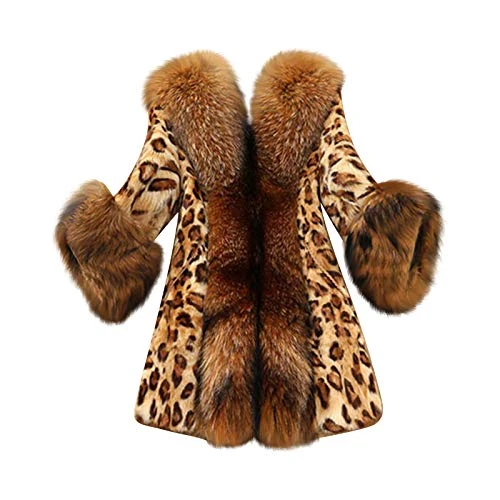 Faux Fur Trim Collar Leopard Plush Jackets Winter Thick Trench Coats For Women UK Long Sleeve Ladies Fleece Jackets Fashion Long Cardigan For Women Loose Thermal Velvet Overcoat Outerwear