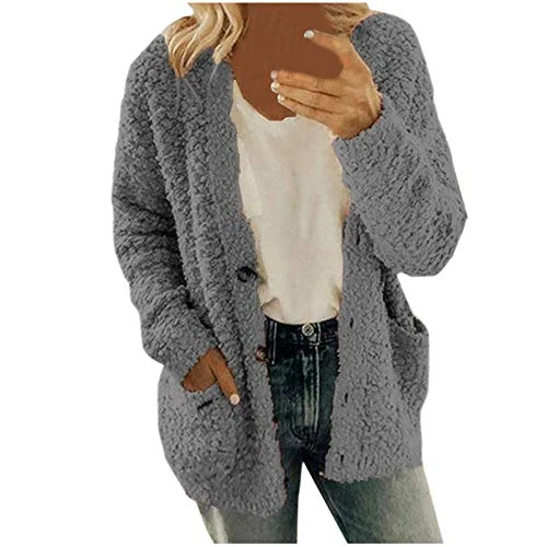 Faux Lambswool Cardigans For Women UK Thermal Solid Colour Knitwear With Pockets Fleece Jacket Women Casual Plush Sweater Knitted Coats Plus Size Outerwear Buttons Jumpers For Women UK Sale