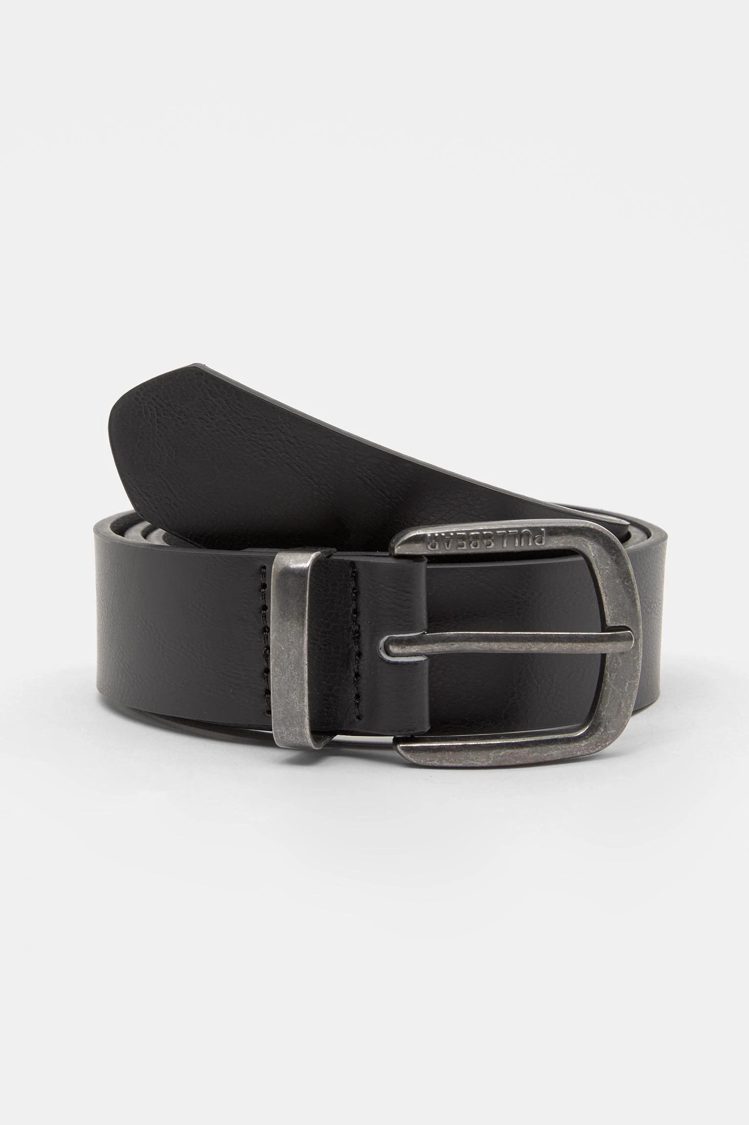 Faux Leather Belt With Textured Buckle - Black