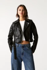 Faux Leather Biker Jacket - Black
