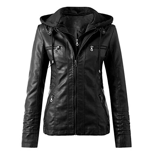 Faux Leather Jacket for Women Hooded Moto Biker Jacket Full Zip Pleated Overcoat Casual Coat Warm To