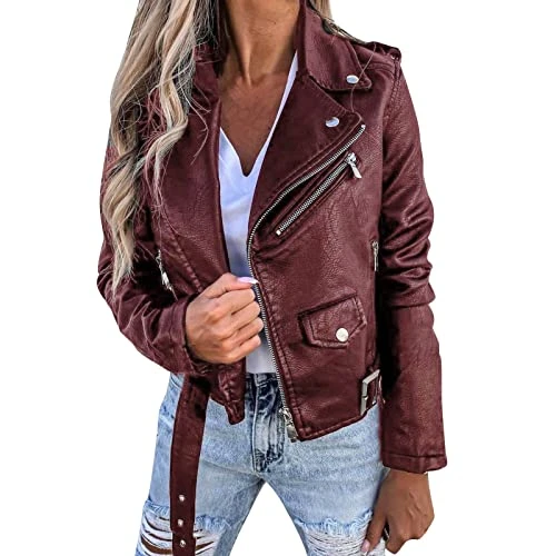 Faux Leather Jacket for Women Ladies Autumn Winter Jacket PU Leather Coat Jacket Locomotive Short Style Zipper Coat 3xl Womens Winter Jacket (Red, XXL)