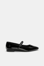 Faux-Patent-Finish Ballet Flats - Black