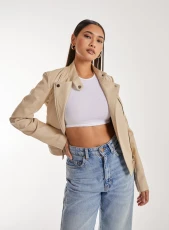 Faux PU Leather Biker Jacket tone - Stone