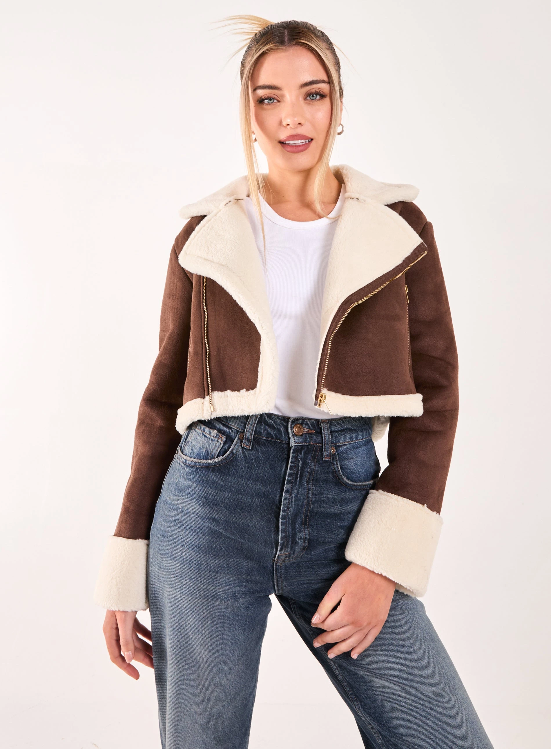 Faux Shearling Collar Cropped Jacket BROWN