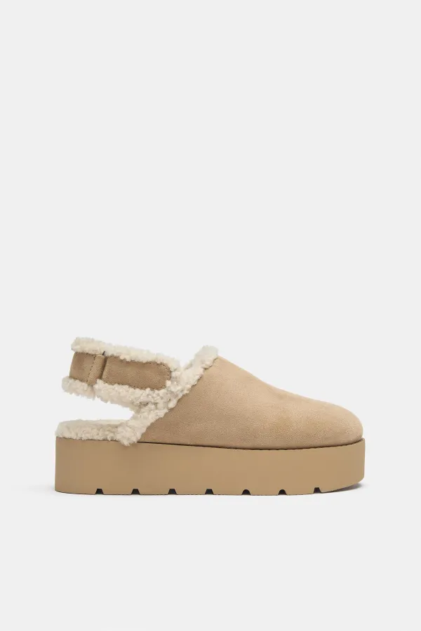 Faux Shearling Strap Platform Clogs - Sand