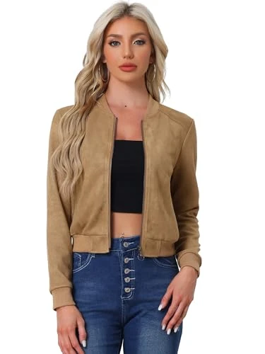 Faux Suede Cropped Coat for Women's Stand Collar Zip Up Biker Moto Bomber Jackets Khaki S