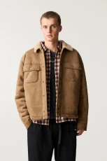 Faux Suede Jacket With Faux Shearling Collar - Caramel